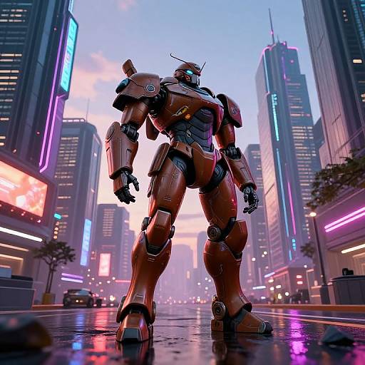 CGI image of a towering, red, futuristic robot standing in a neon-lit, cyberpunk city street at dusk, with skyscrapers and