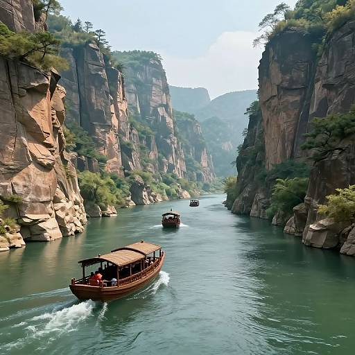 Photograph of a narrow, turquoise river winding between towering, rocky cliffs with lush greenery, featuring three traditional wooden boats with red roofs navigating the calm