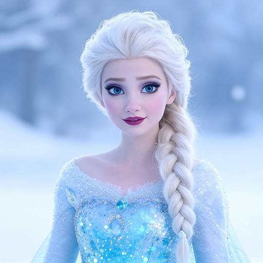Digital CGI of Elsa from Frozen, with white braided hair, blue eyes, and sparkling blue ice dress, against a snowy, blue-lit background