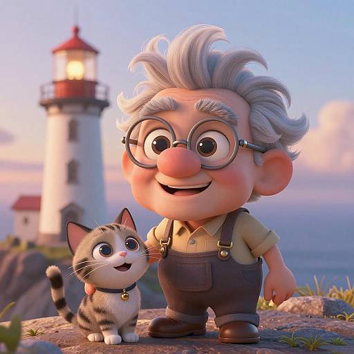 Charming Lighthouse Keeper with Tabby Cat