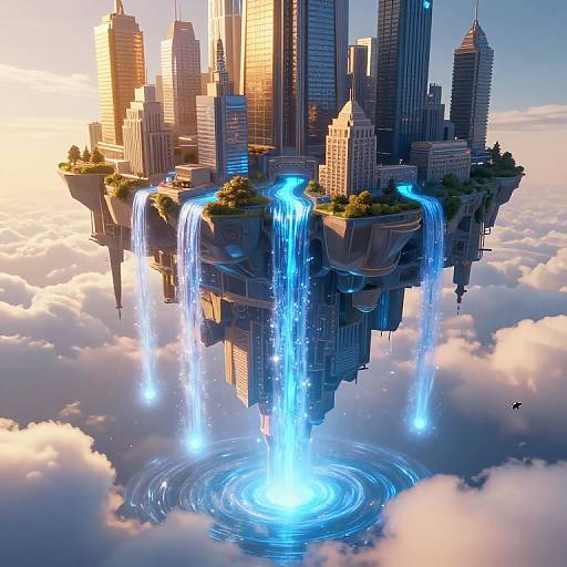 Digital artwork of a futuristic city floating in clouds, with glowing blue waterfalls cascading into circular pools below, surrounded by skyscrapers and illuminated green