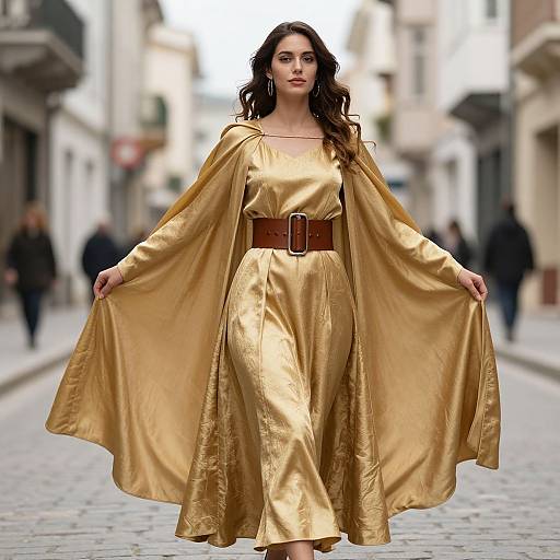 Photograph of a woman with long dark hair wearing a gold satin dress with a wide brown belt and cape, standing confidently on a cobblestone street