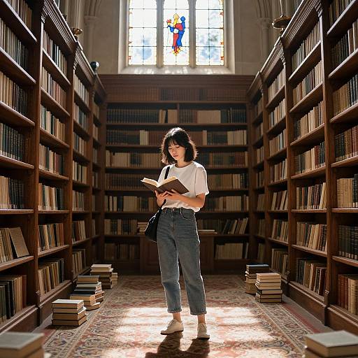 Photograph of a young woman with black curly hair, wearing a white shirt and high-waisted blue jeans, reading in a sunlit library aisle