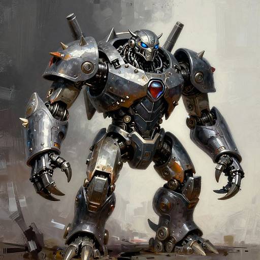Digital illustration of a towering, metallic, robotic warrior with blue glowing eyes, sharp spikes, and glowing red heart-shaped emblem, set against a dark,