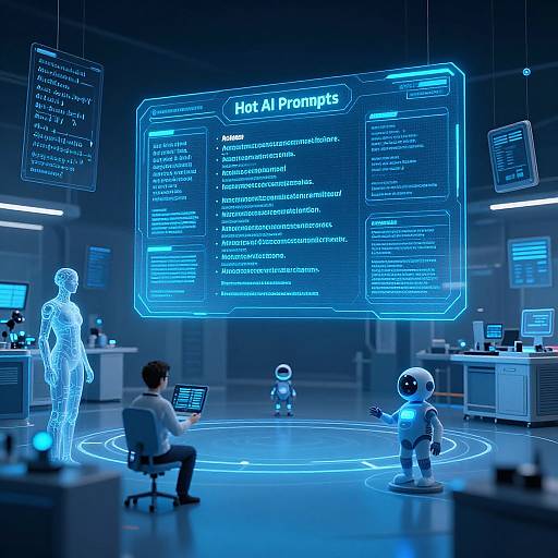 Digital CGI of futuristic laboratory with glowing blue neon holographic display, three human-like robots, and one human in white lab coat.
