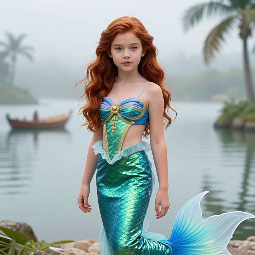 Photorealistic CGI of a red-haired mermaid with long wavy hair, blue-green scale tail, and gold-accented top, standing on