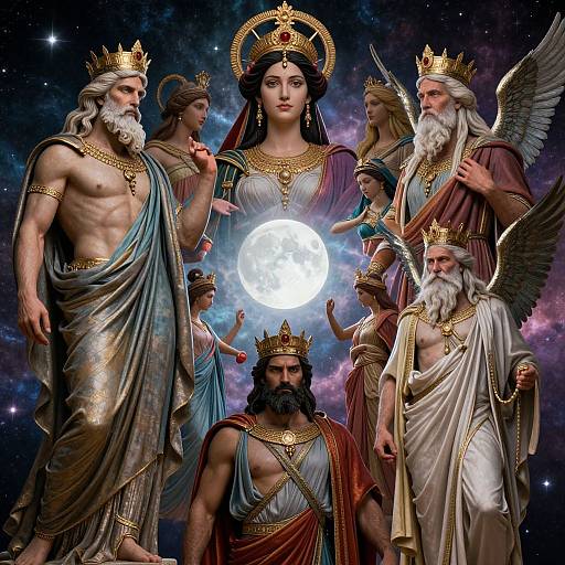 Digital artwork of ancient gods and goddesses with crowns, togas, and wings, surrounding a glowing full moon in a starry sky.