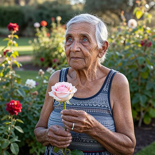 Photograph of an elderly woman with white hair, holding a pink rose in a garden, wearing a striped tank top, with red and white roses in