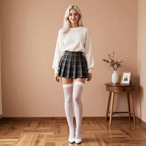 Photograph of a smiling blonde woman in a white sweater, black plaid skirt, white thigh-high socks, and white heels, standing in a warmly