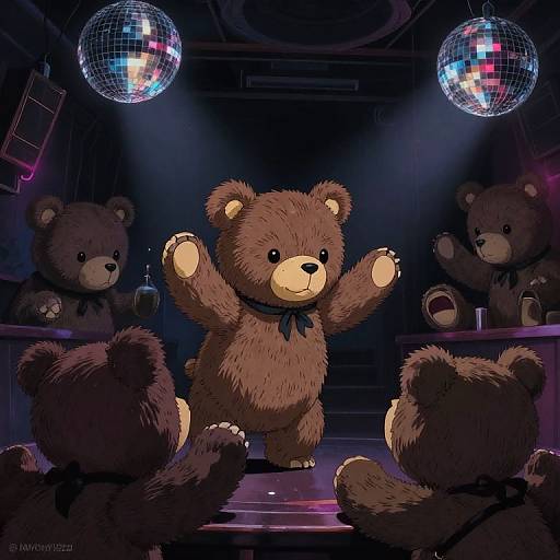 Digital illustration of a brown teddy bear dancing under colorful disco balls in a dark, stage-lit room, surrounded by four other teddy bears.