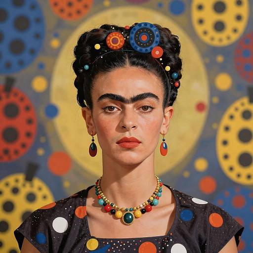 Photograph of Frida Kahlo-style woman with dark hair, colorful floral headpiece, red lipstick, black polka-dot dress, colorful necklace,