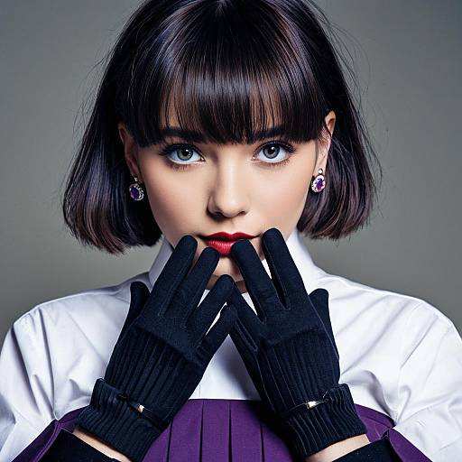 Photograph of an Asian woman with short black hair, wearing white shirt, purple pleated dress, black gloves, diamond earrings, and red lipstick,