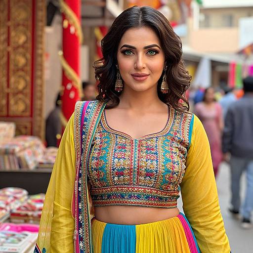 Photograph of an Indian woman with dark hair, wearing a colorful embroidered blouse and yellow churidar, standing in a bustling market.