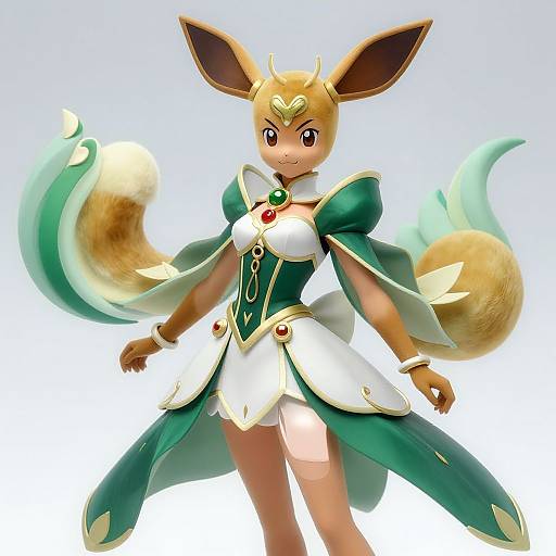 Digital artwork of an anthropomorphic Eevee character in a green and white, fantasy-style dress with gold accents and a gem necklace. Large, expressive