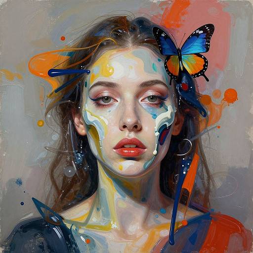 Digital painting of a fair-skinned woman with red lips, blue and orange abstract paint splashes, and a blue butterfly on her head.