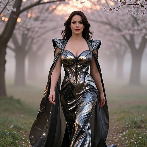 Photograph of a confident woman with dark hair, wearing a shiny black, strapless, form-fitting gown with dramatic cape, walking through a mist