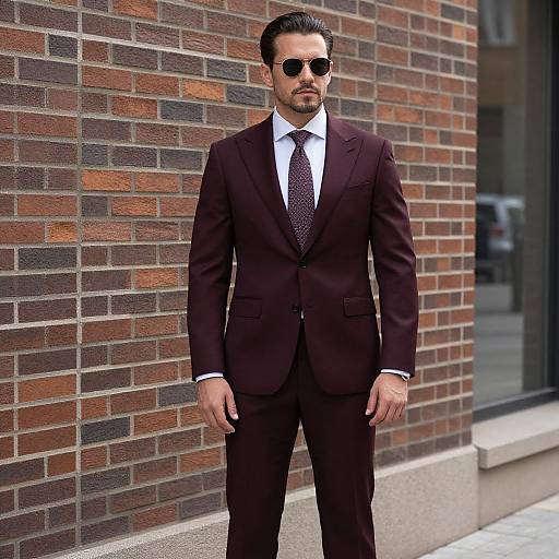 Photograph of a handsome man with dark hair, beard, wearing a black suit, white shirt, polka dot tie, and sunglasses, standing in