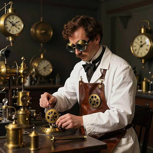 Photograph of a mustached man with curly brown hair and dark sunglasses, wearing a white lab coat and brown apron, repairing intricate brass clockwork