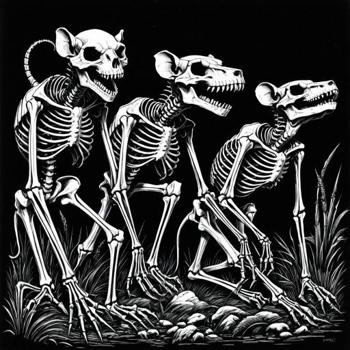 Black and White Skeletal Rats Illustration