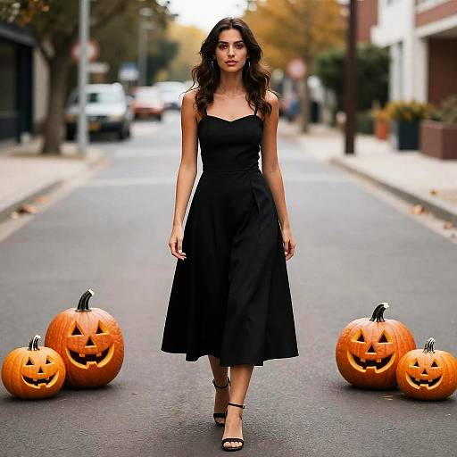 Photograph of a woman with wavy dark hair in a black strapless dress, walking down a street with four carved pumpkins.