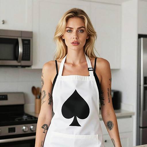 Photograph of a blonde woman with tattoos, wearing a white apron with a black spade, standing in a modern kitchen.