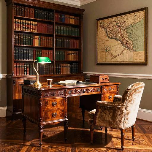 Vintage office photograph: ornate wooden desk, green lamp, upholstered chair, bookshelf with leather-bound books, map of North America on wall.