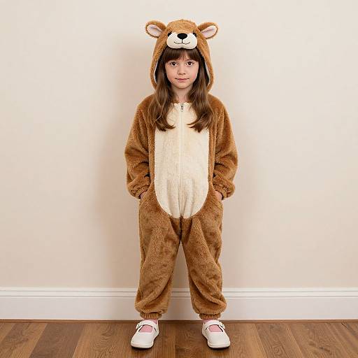 Photograph of a young girl standing in front of a white wall, wearing a brown and beige teddy bear onesie with a hood, white shoes