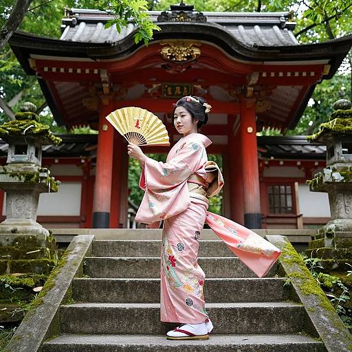 Japanese Shrine Maiden with Sacred Fan