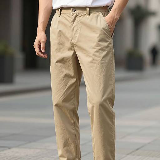 Photograph of a man's lower torso in beige pants, white shirt, with hands in pockets, standing on a sunlit urban sidewalk.