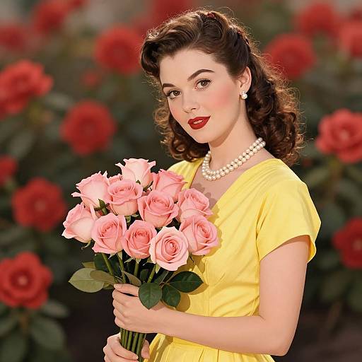 Vintage-style photograph of a fair-skinned woman with dark, wavy hair, wearing a yellow dress and pearl necklace, holding a bouquet of pink roses