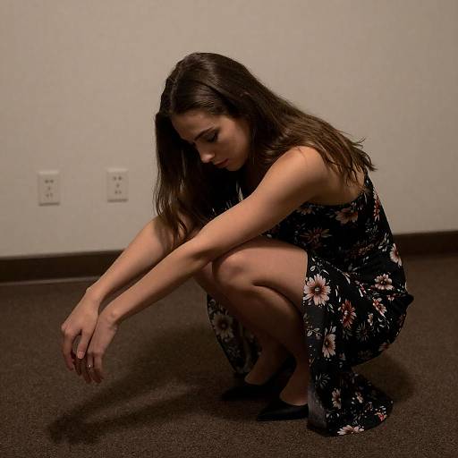 Crouching Woman in a Dimly Lit Room