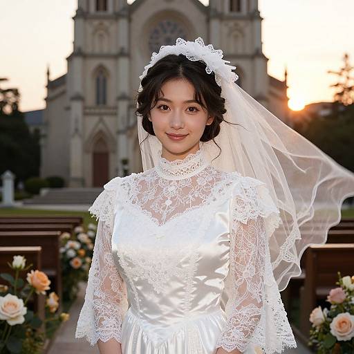 Photograph of an Asian bride in a white lace wedding dress with veil, standing in front of a Gothic-style church at sunset, with blooming roses