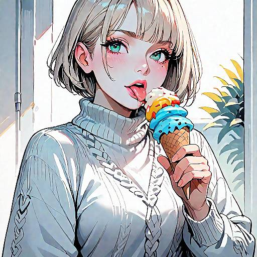 Anime Girl Enjoying Ice Cream Moment