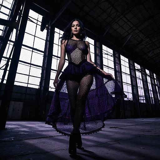 Woman in Sheer Fishnet Gothic Dress in Abandoned Hangar