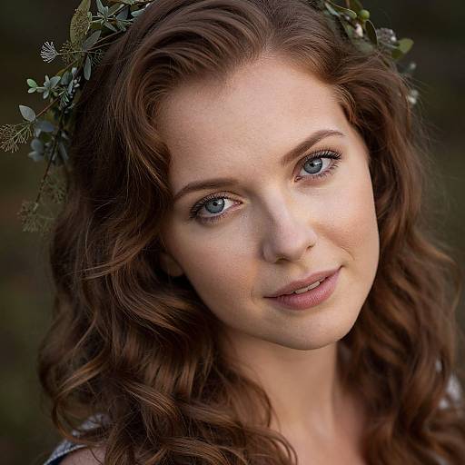 Photograph of a fair-skinned woman with blue eyes, wavy brown hair, wearing a leafy floral crown, smiling softly, set against a
