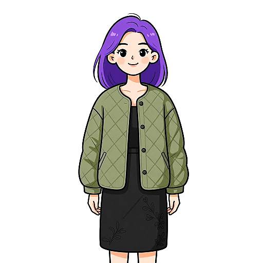 Digital cartoon of a smiling woman with purple hair, wearing a green quilted jacket over a black dress, standing against a white background.