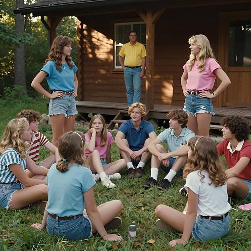 Group of People Relaxing in Front of Cabin