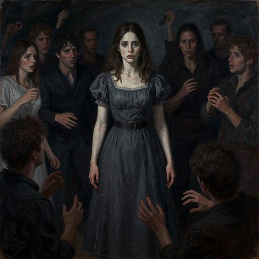 Digital painting of a pale, dark-haired woman in a blue dress, surrounded by darkly dressed, shadowy figures with outstretched hands. M