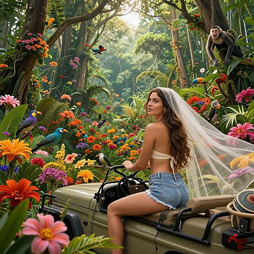 Photograph of a young woman with long brown hair, wearing a veil and crop top, sitting on a vintage bike in a vibrant, jungle-like garden