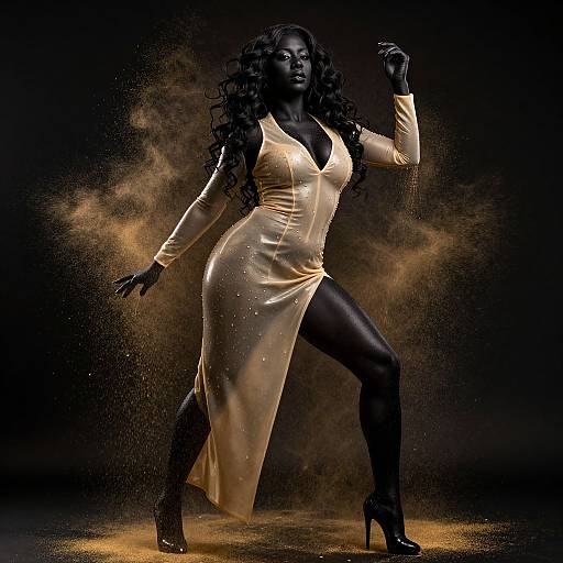 Photograph of a dark-skinned woman with long curly hair, wearing a shiny gold dress and black high heels, striking a powerful pose against a sm
