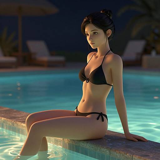 Digital art of a slender woman with dark hair in a black bikini, sitting on a pool edge at night, illuminated by pool lights.