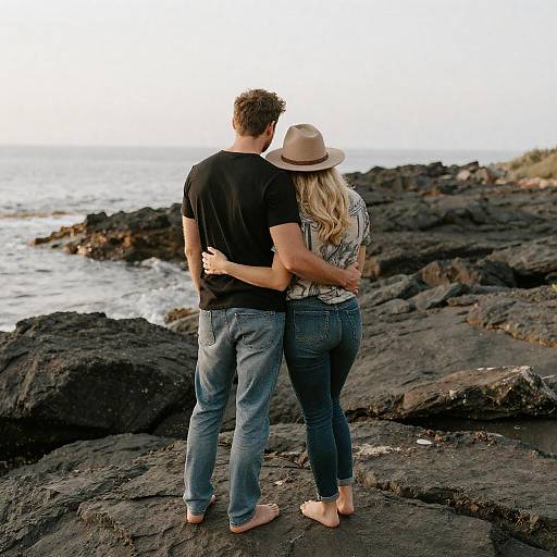 Barefoot Couple on Rocky Shoreline