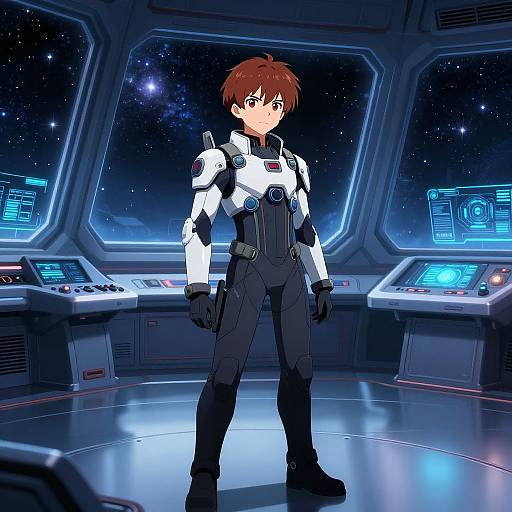 Futuristic Anime Pilot on Spaceship Bridge