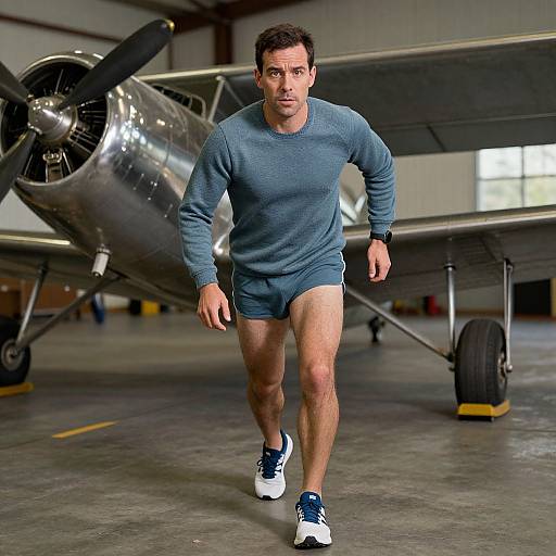 Photograph of a muscular man with short dark hair, wearing a blue long-sleeve shirt and matching shorts, and white sneakers, jogging toward a