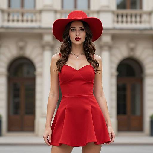 Photograph of a young woman with long brown hair, wearing a vibrant red dress and wide-brimmed red hat, standing in front of a classic