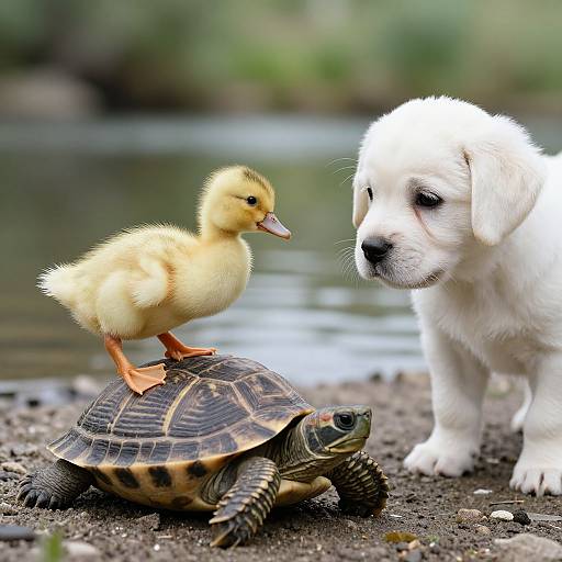 Photograph of a yellow duckling standing on a turtle, with a white puppy looking at them by a riverbank.