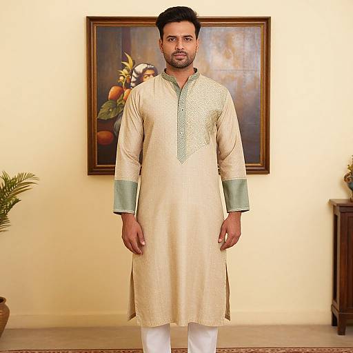 Photograph of a South Asian man with short black hair and beard, wearing a cream traditional kurta with green trim, standing in front of a framed
