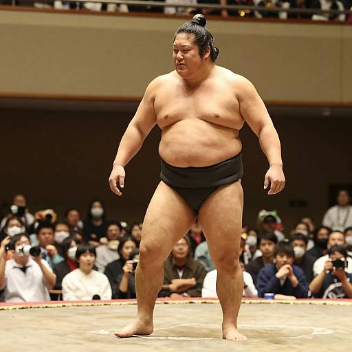 Photograph of a heavyset Asian man with dark hair in a top knot, wearing black wrestling shorts, standing in a crowded wrestling arena.