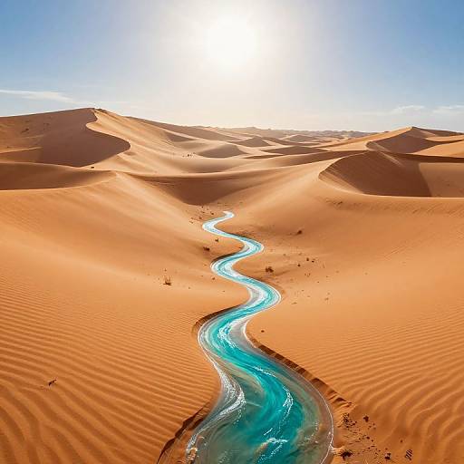 Photograph of a winding turquoise river cutting through vibrant orange, rippled desert dunes under a bright, clear blue sky.