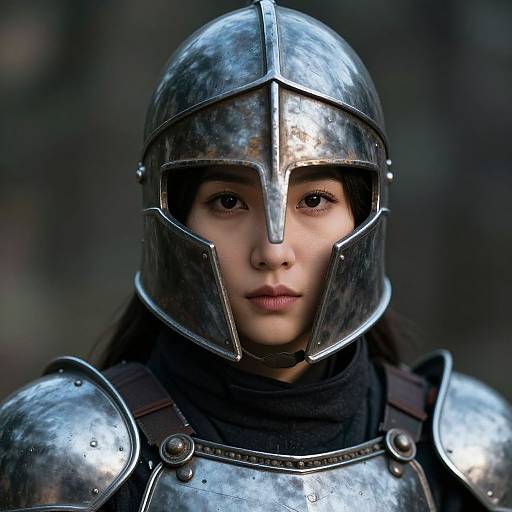 Photograph of a young woman with fair skin, wearing a reflective silver medieval knight's helmet and armor, against a dark blurred background.